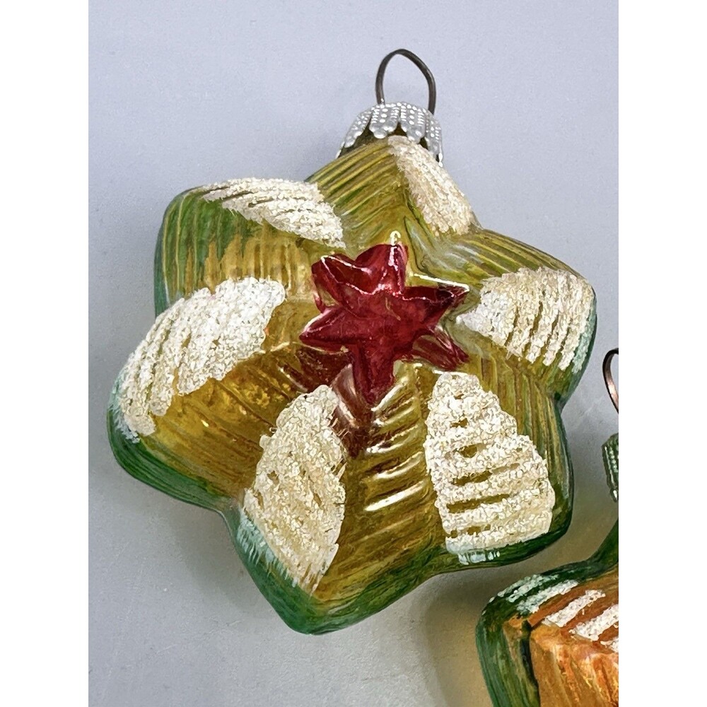 VTG West Germany Blown Glass Christmas Ornament Snowflake Star Mica Ribbed Set